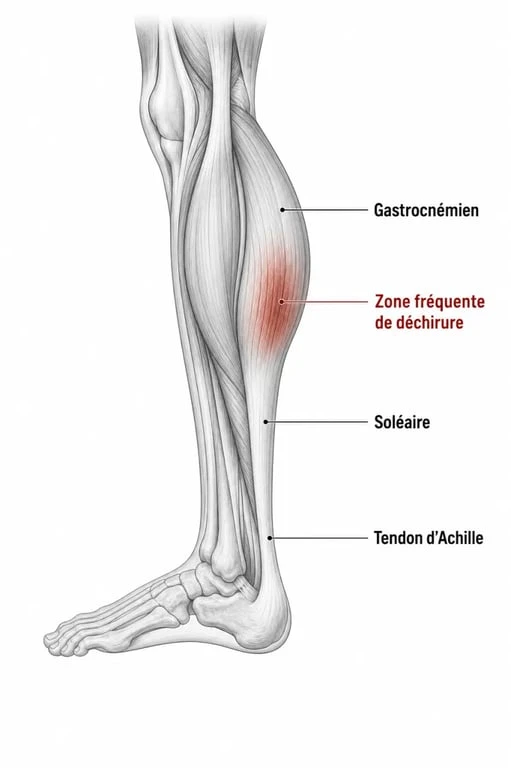 Schéma du mollet avec déchirure musculaire mollet au niveau du gastrocnémien et du soléaire