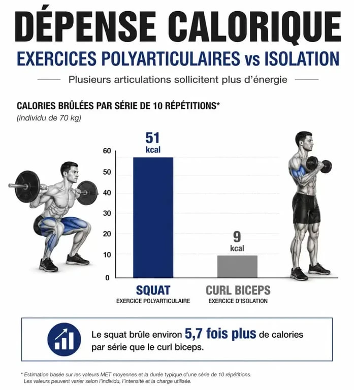 Comparaison de la dépense calorique entre exercices polyarticulaires et isolation en musculation