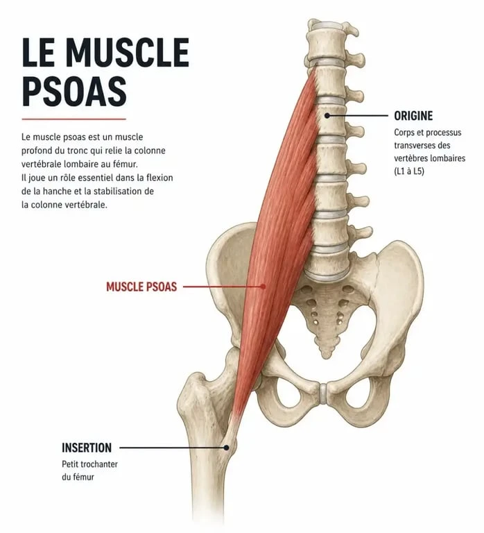 Schéma anatomique du muscle psoas pour comprendre comment etirer psoas