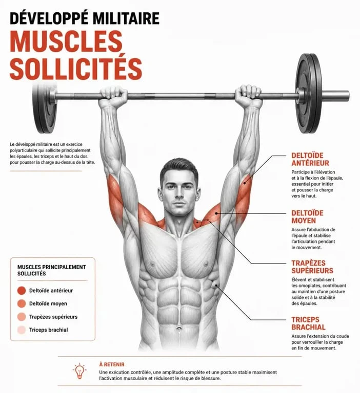 Schéma anatomique des muscles sollicités lors du développé militaire