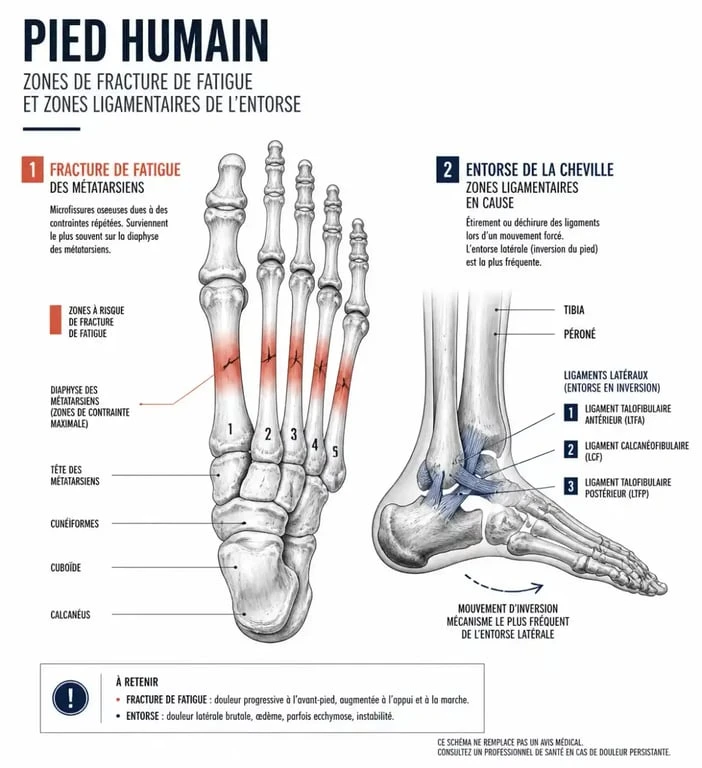 Schéma anatomique comparant l'entorse et la fracture de fatigue au pied