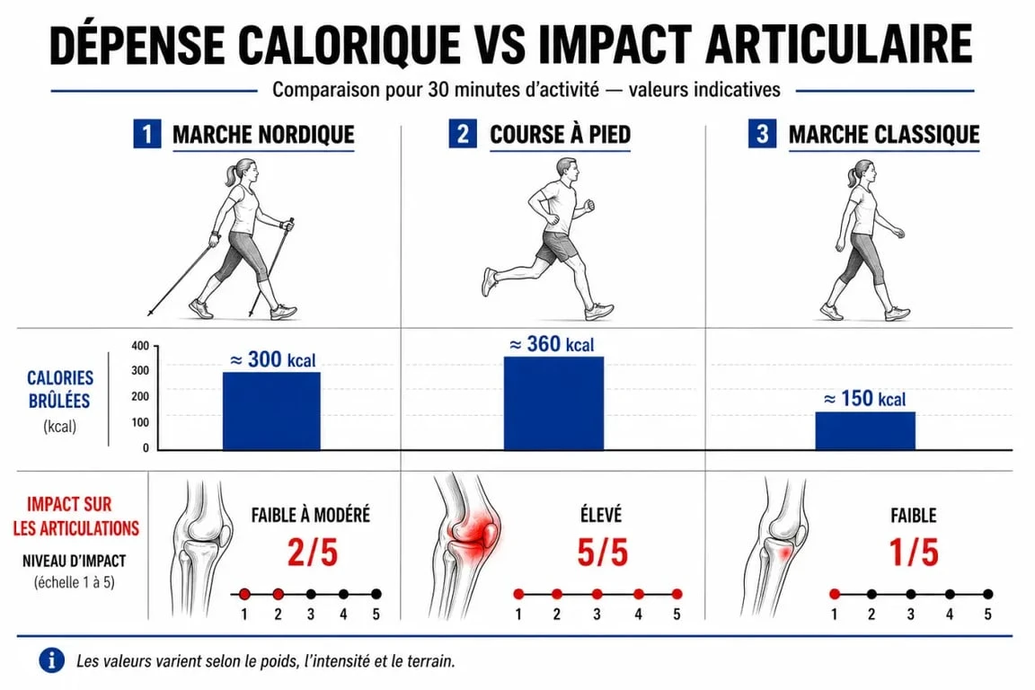 Comparatif marche nordique vs running et marche classique