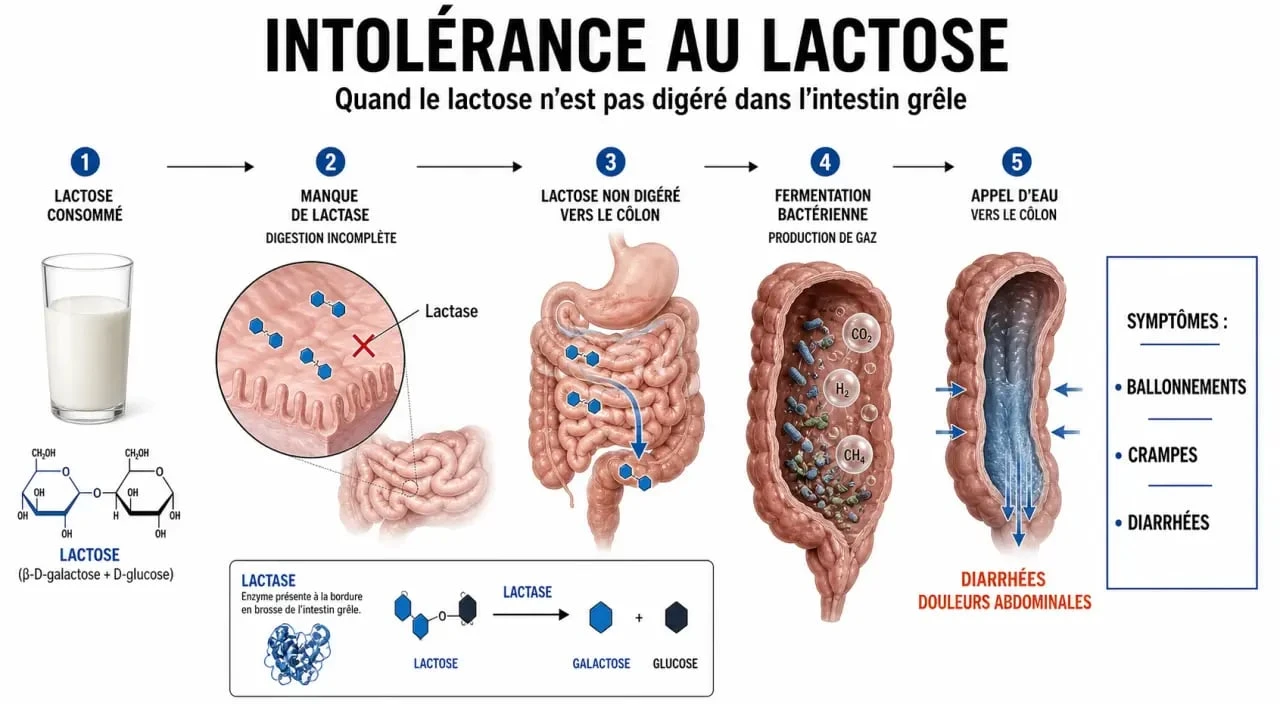 Intolérance au lactose symptome : schéma du mécanisme digestif avec lactase, fermentation et symptômes