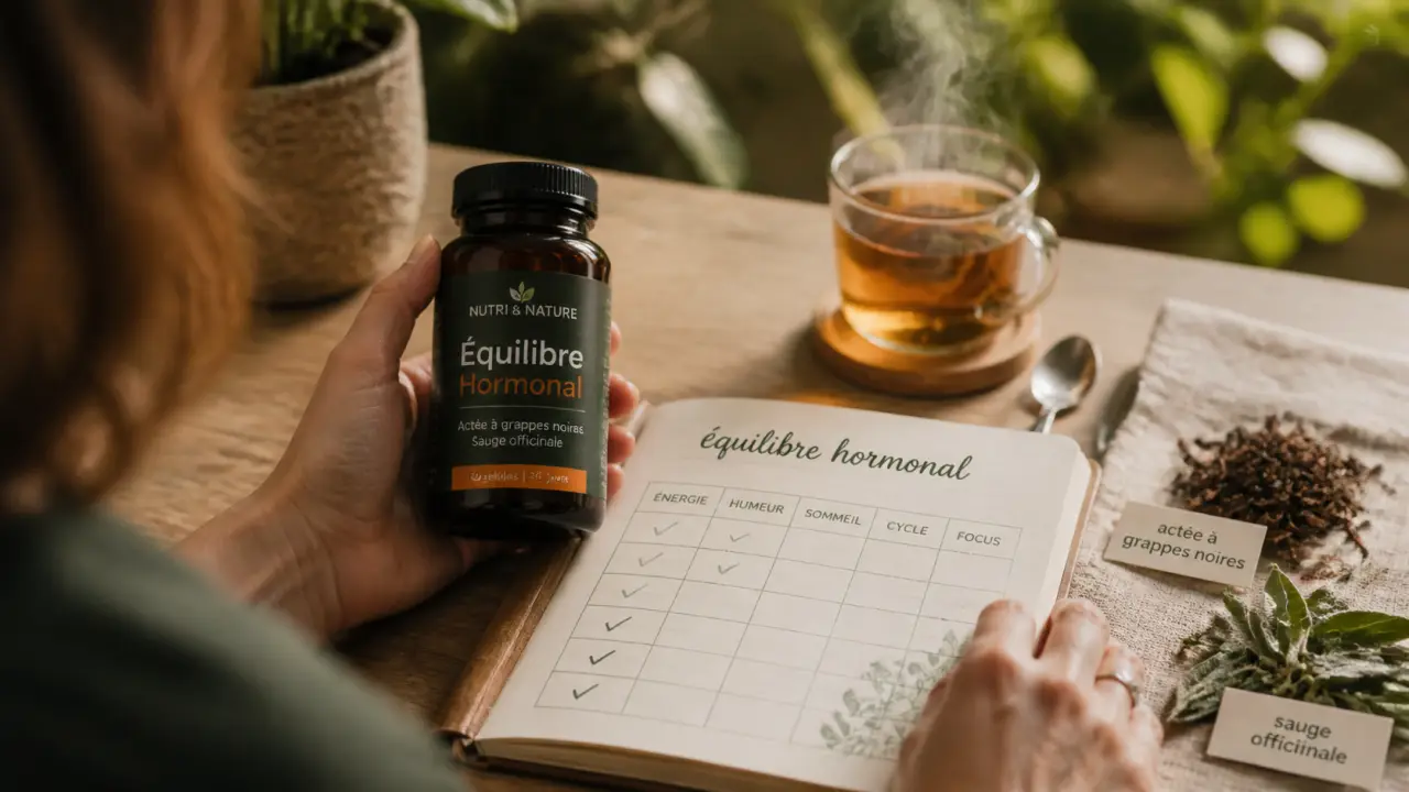 Équilibre hormonal femme complément alimentaire : tisane et flacon, bouffées de chaleur