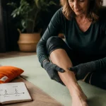 Ménopause et douleurs articulaires et musculaires : femme étirements, raideur matinale au genou