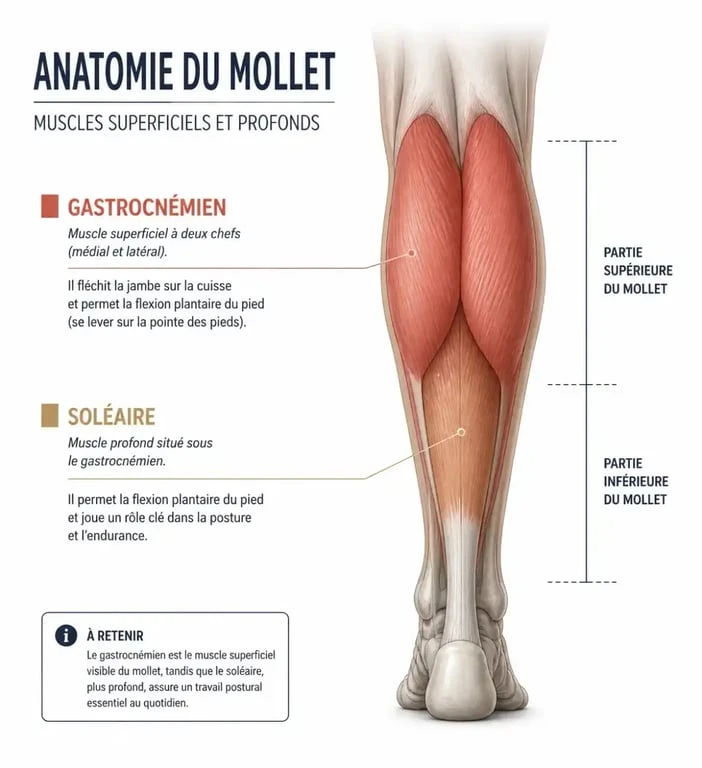 Schéma anatomique du mollet pour comprendre la localisation d'une courbature au mollet