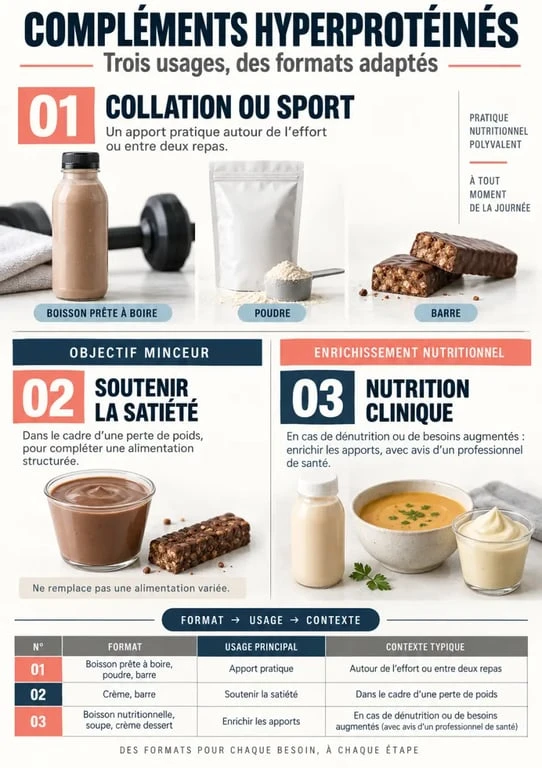 Infographie sur les compléments alimentaires hyperprotéinés et leurs différents usages