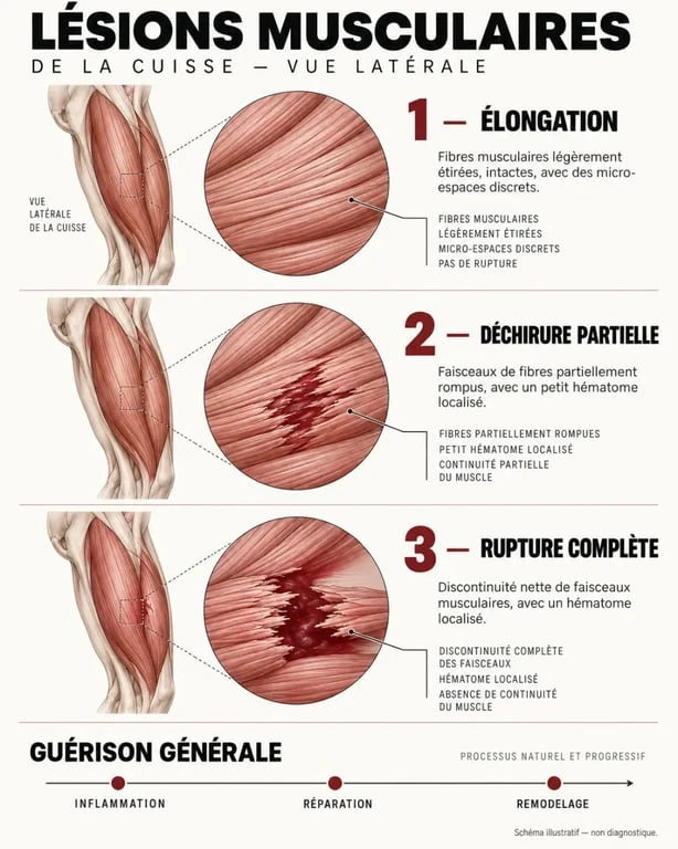 Schéma pédagogique des différents degrés d’un muscle déchiré et de sa récupération
