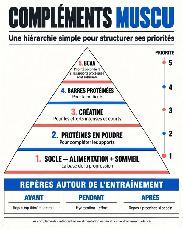 Infographie sur les compléments alimentaires muscu selon l’objectif et le moment de prise