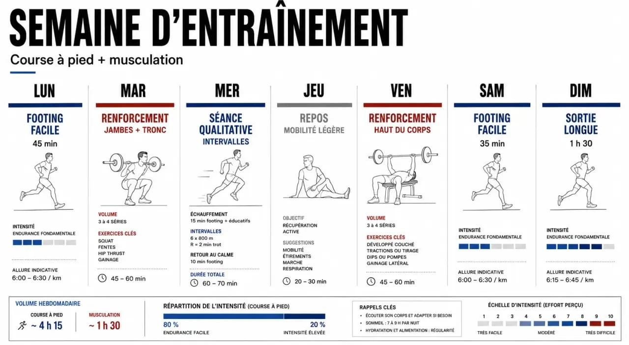programme musculation course à pied pdf illustré par un planning hebdomadaire d’entraînement