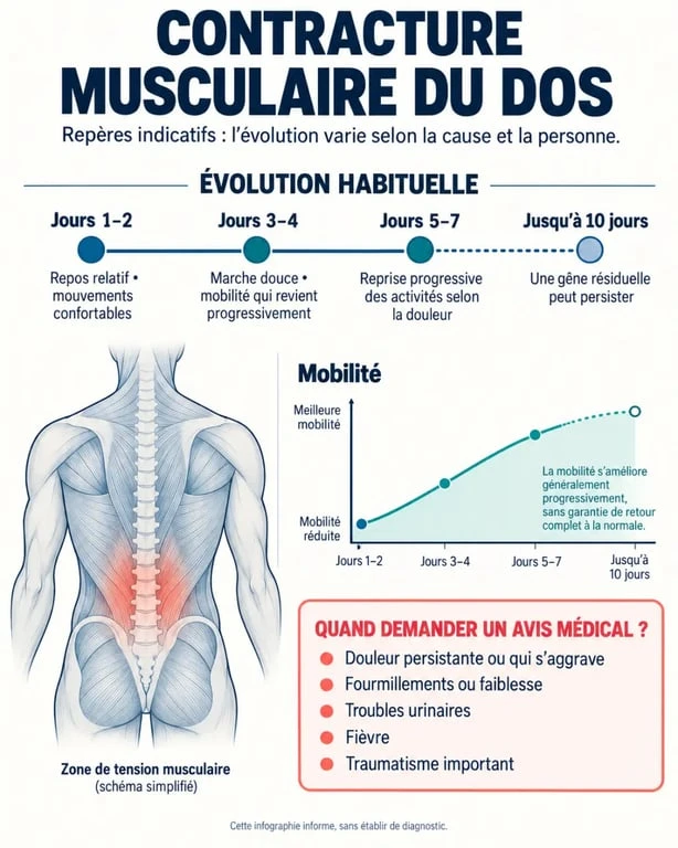 Infographie sur le temps de guérison d’une contracture musculaire du dos et les signes d’alerte