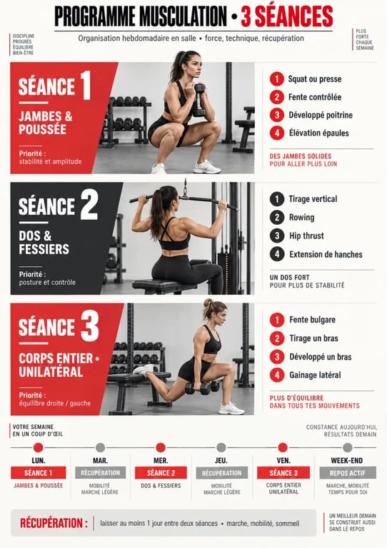 Programme musculation femme salle de sport réparti en trois séances