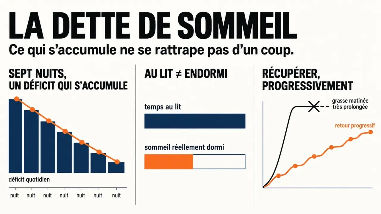 Infographie sur la dette de sommeil, son calcul sur sept jours et la récupération progressive