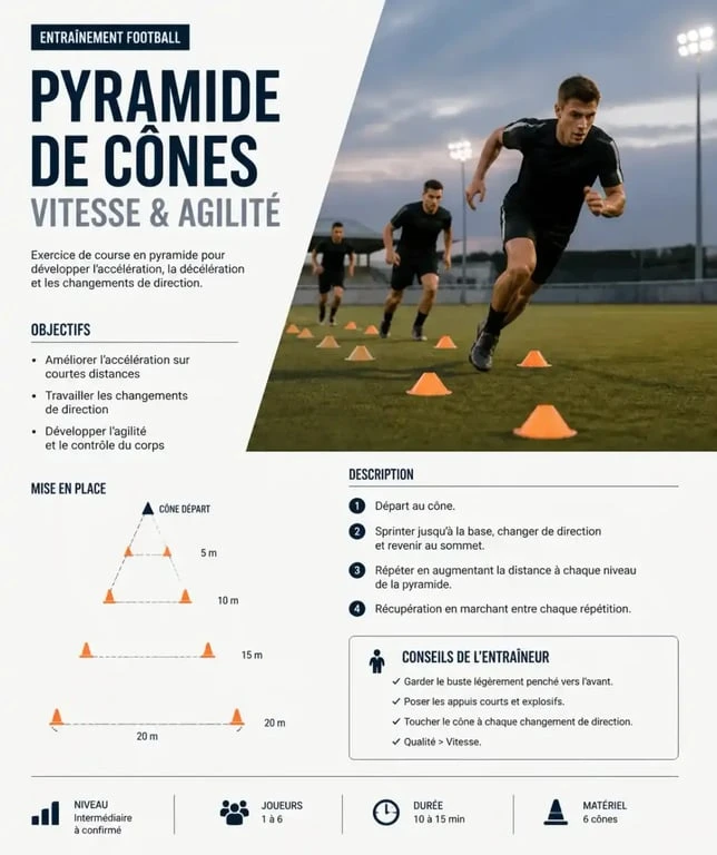 Exercice de pyramide en préparation physique en football sur terrain d'entraînement
