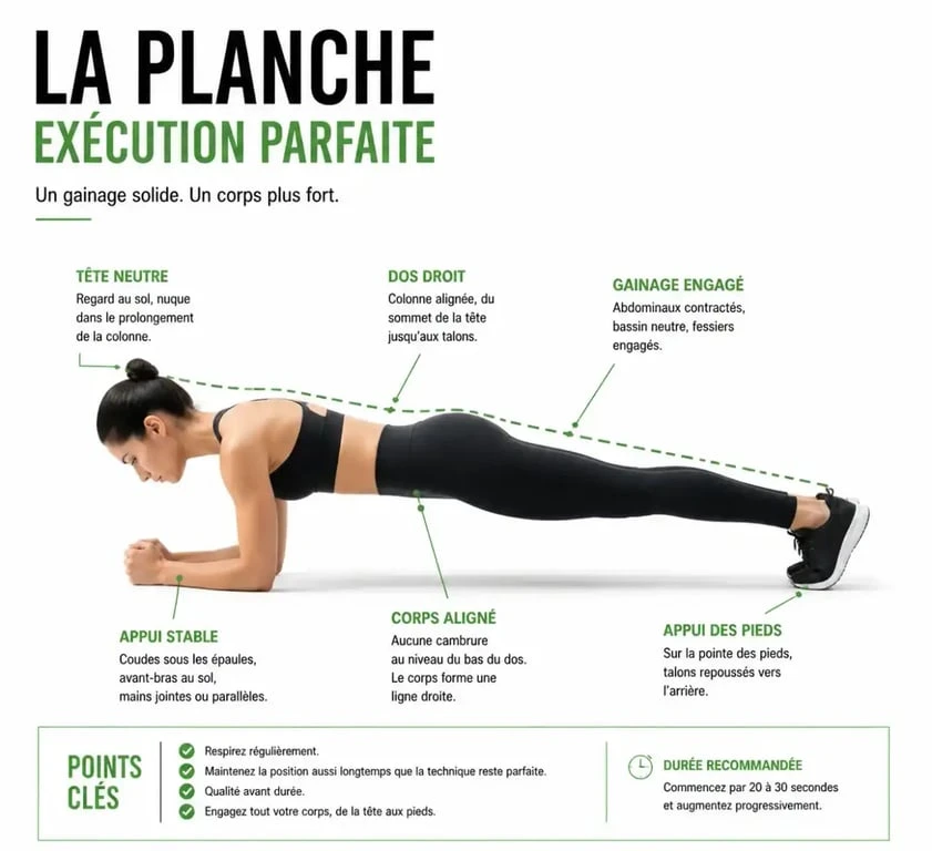 Position correcte de la planche pour le renforcement musculaire à la maison