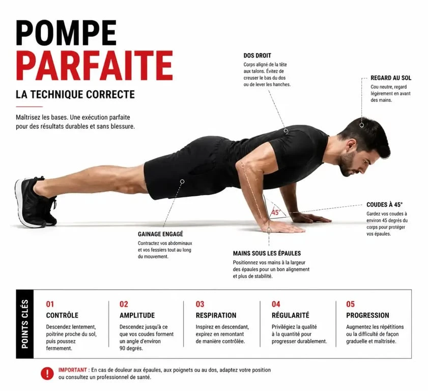 Position correcte des pompes pour le renforcement musculaire à la maison