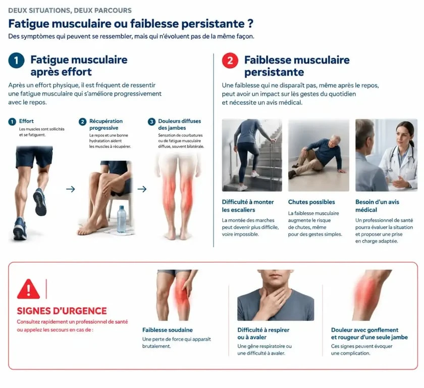 Grande fatigue mal aux jambes muscles : différence entre fatigue musculaire, faiblesse persistante et signes d’alerte