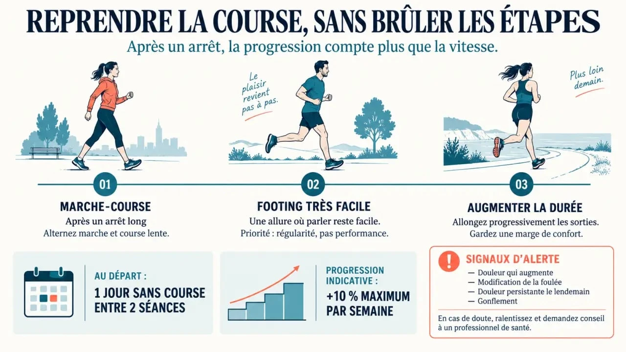 Infographie sur la reprise de la course à pied avec progression marche-course, footing facile et signaux d’alerte