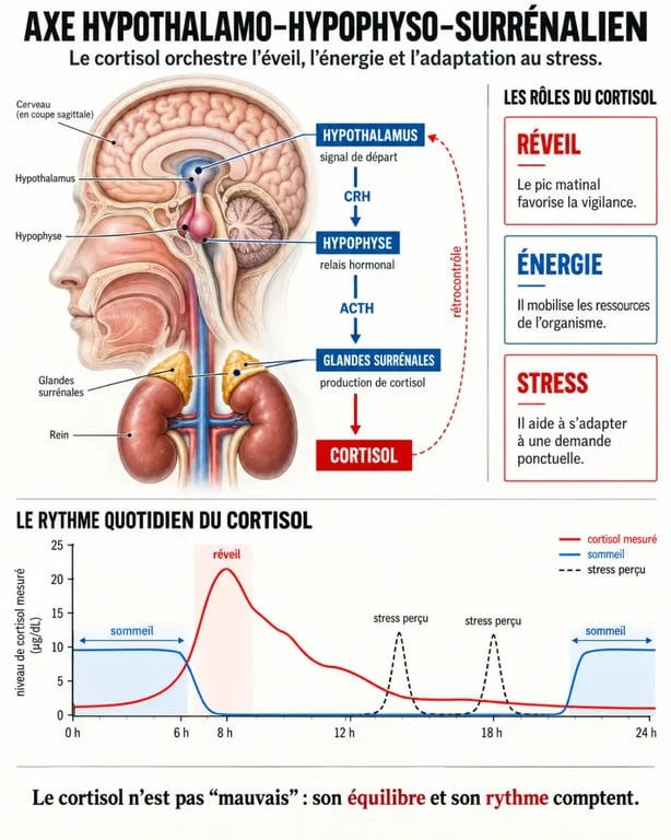 Schéma de l’axe du stress et du rôle du cortisol pour comprendre les compléments alimentaires pour baisser le cortisol