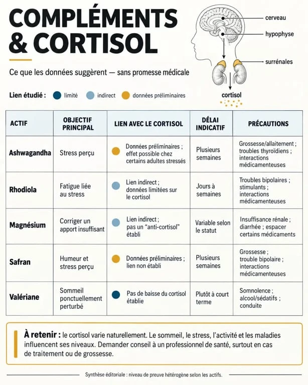 Infographie comparative des compléments alimentaires pour baisser le cortisol selon l’actif et le besoin