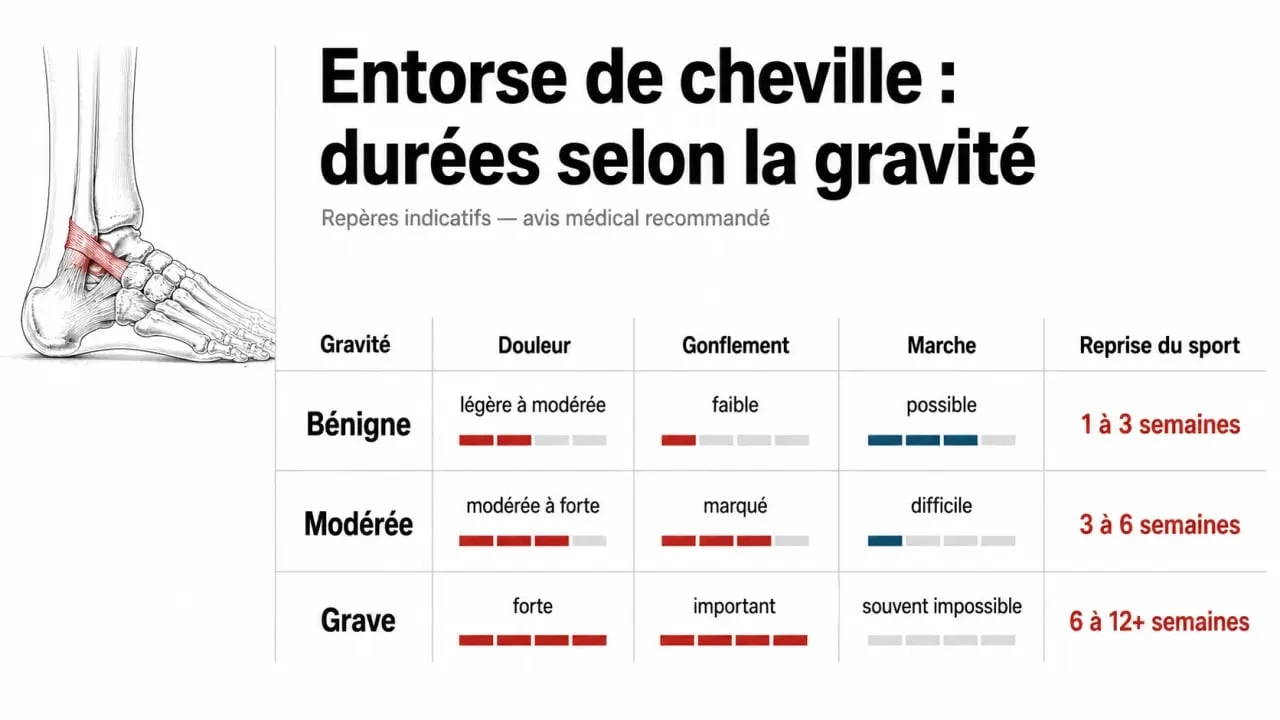 Duree entorse de cheville selon gravité avec repères de marche, gonflement et reprise du sport