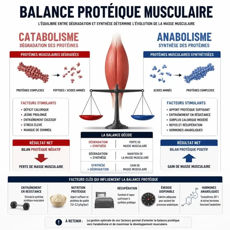 Infographie illustrant la balance entre catabolisme et anabolisme musculaire