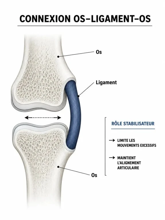 Schéma anatomique montrant la différence entre tendon et ligament : connexion os-ligament-os