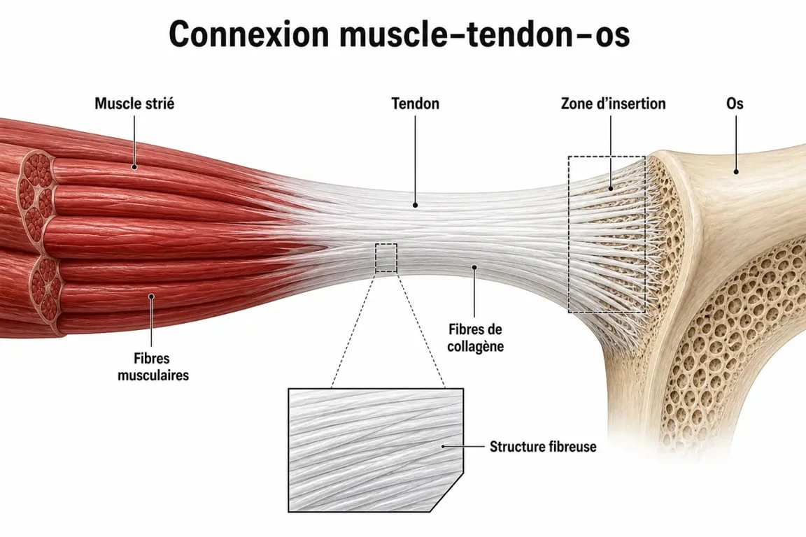 Schéma anatomique montrant la différence entre tendon et ligament : connexion muscle-tendon-os