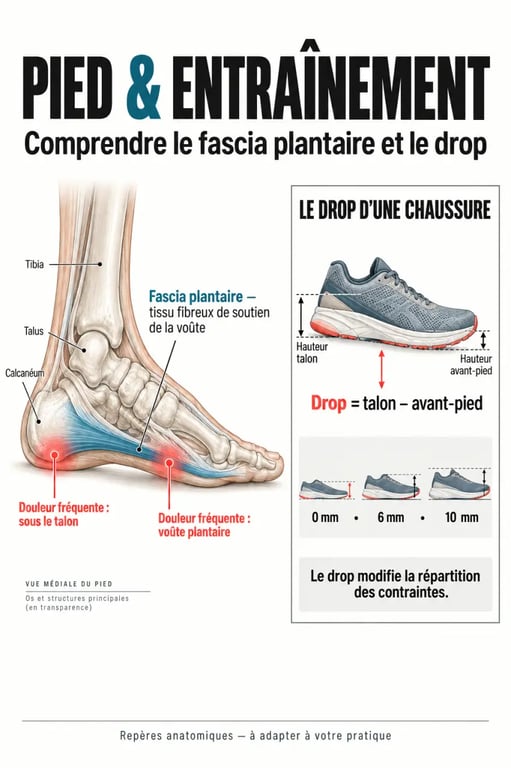 Pieds et entraînement : schéma du fascia plantaire, des zones douloureuses et du drop des chaussures