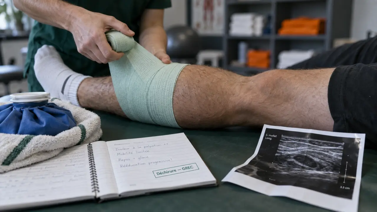 Muscle déchiré : bandage du mollet avec poche de glace et suivi kiné