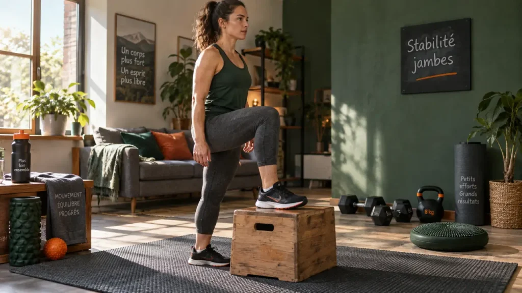 Renforcement musculaire jambes : step-up sur marche stable, genou aligné