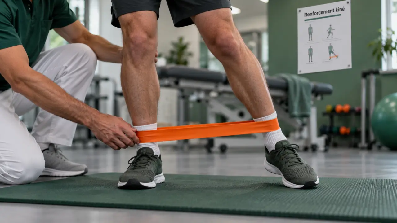 Renforcement musculaire kinésithérapie avec bande élastique, kiné et patient