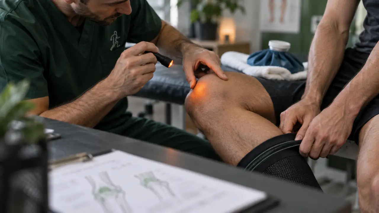Tendinite du genoux symptomes : kinésithérapeute pointe une douleur au genou