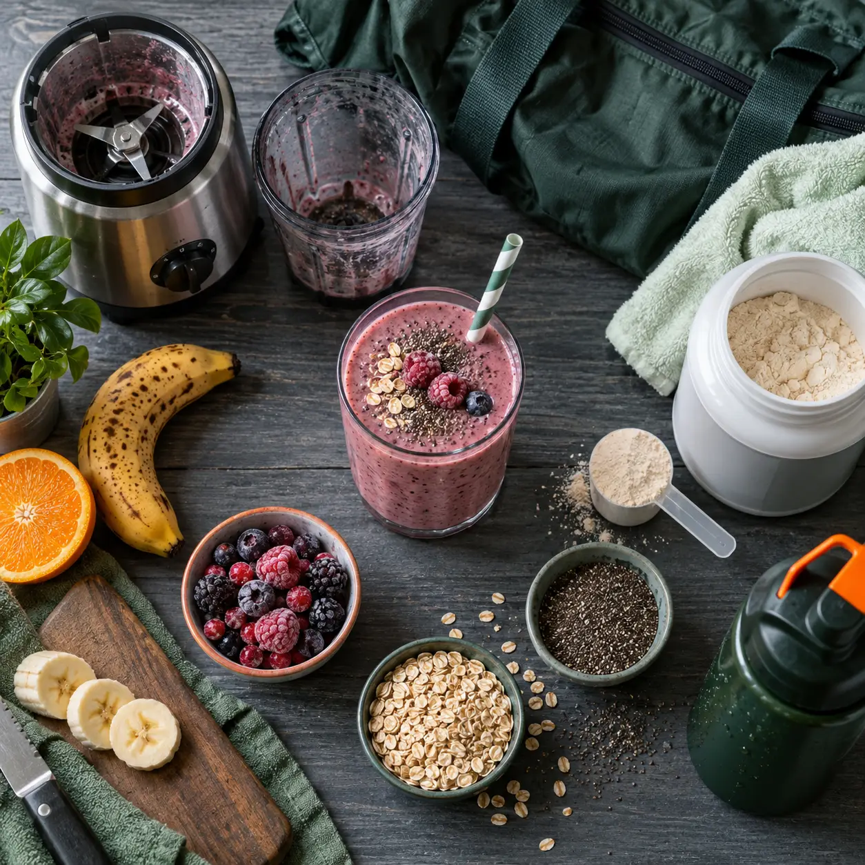 Smoothie proteine sport au blender, texture crémeuse